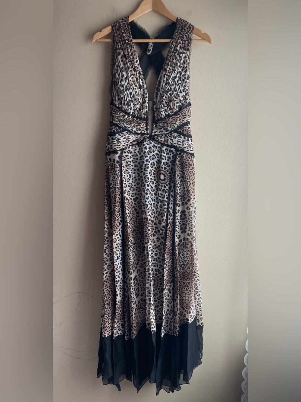 New Mandalay 100% Silk Leopard Print Maxi Dress with Black Hem Size 8